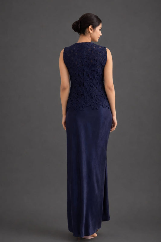 3pc navy blue cordset cutwork top with bustier & drape