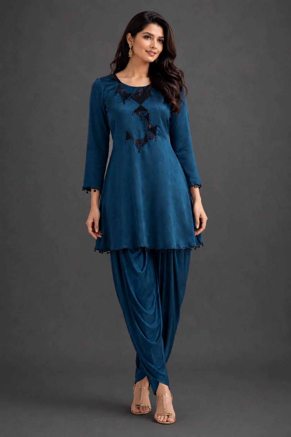 Teal blue corset with abstract work on neckline sequence & cutdana with dhoti pant