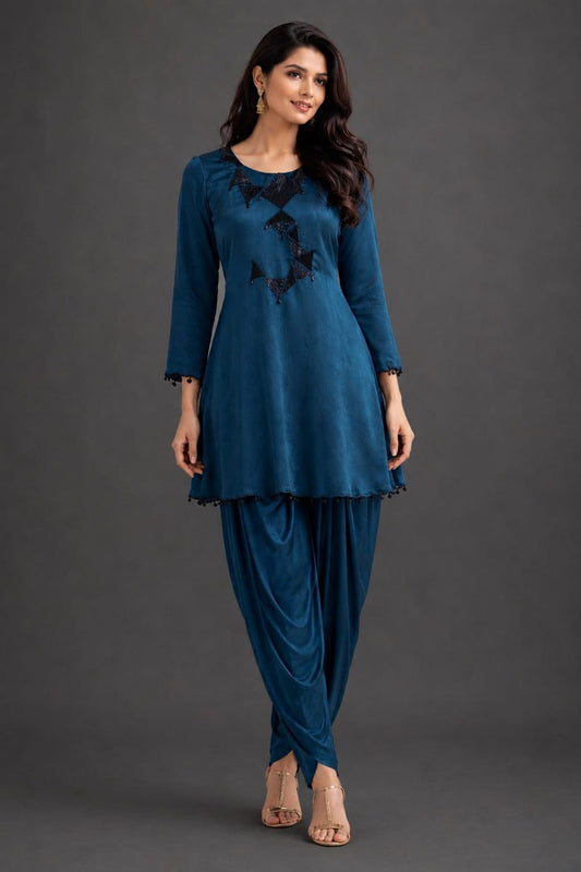 Teal blue corset with abstract work on neckline sequence & cutdana with dhoti pant