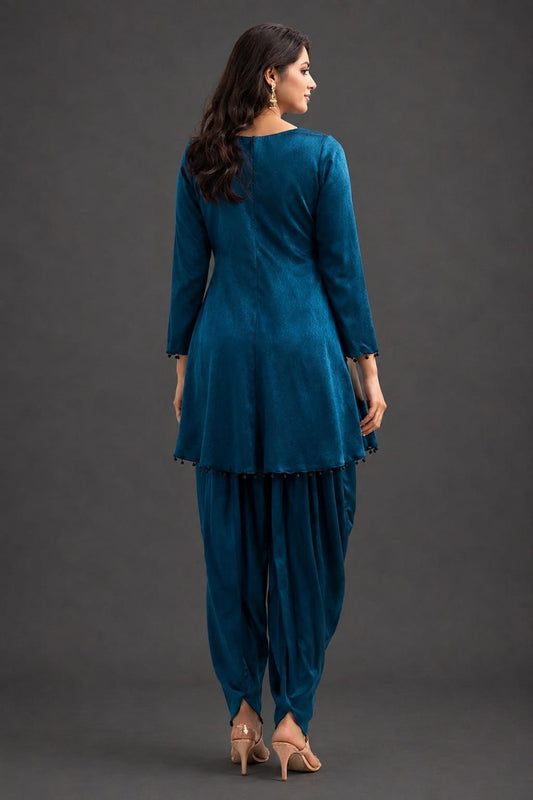 Teal blue corset with abstract work on neckline sequence & cutdana with dhoti pant
