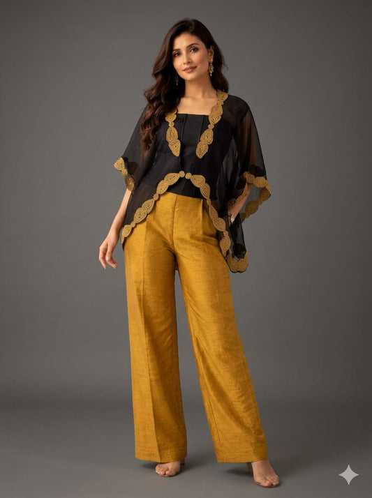Black short organza cape with bool work & wired corset & self jaquard golden pant