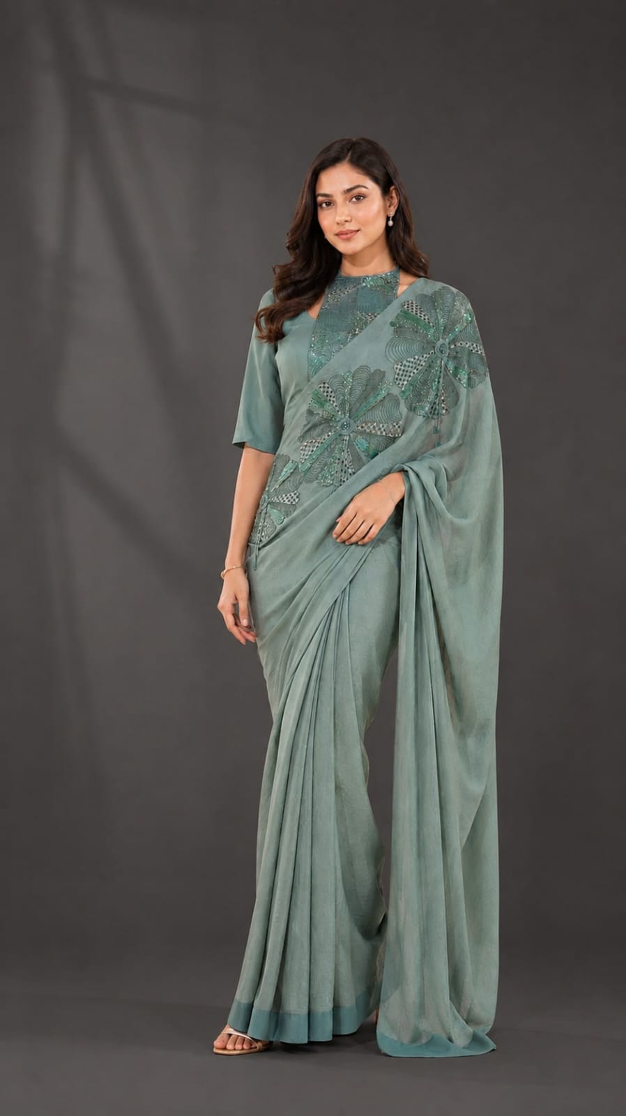 Sage Green Saree with Floral Applique Embroidery and High-Neck Blouse