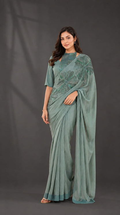 Sage Green Saree with Floral Applique Embroidery and High-Neck Blouse