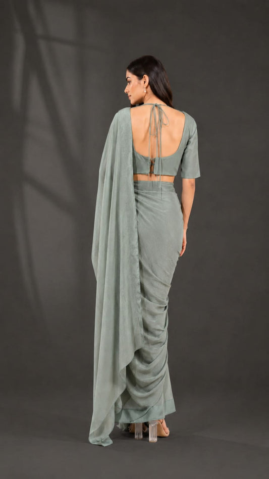 Sage Green Saree with Floral Applique Embroidery and High-Neck Blouse