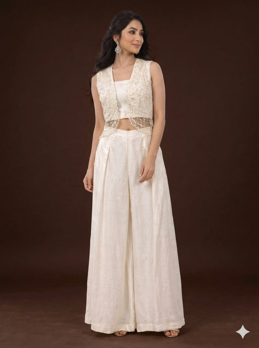 Off white short jacket with long pearl hangings & loose pallazo pants