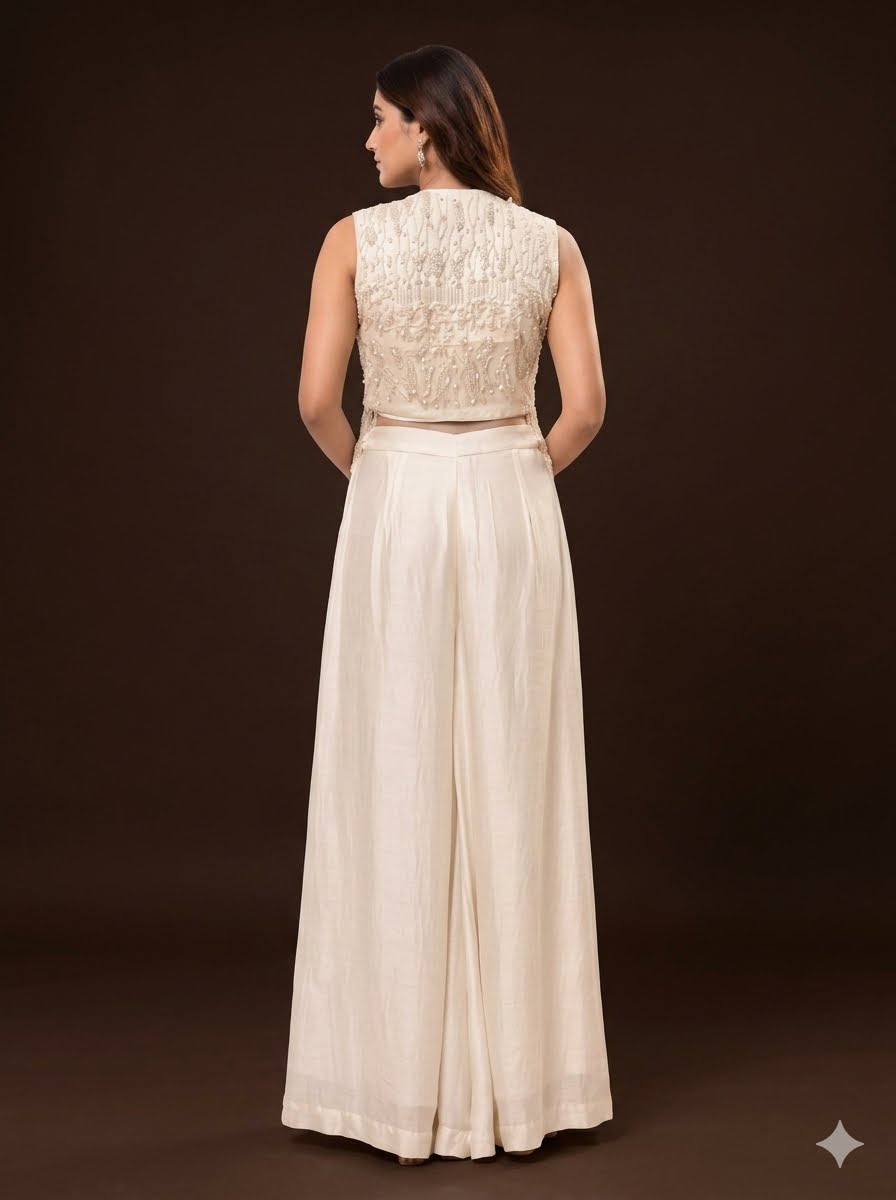 Off white short jacket with long pearl hangings & loose pallazo pants