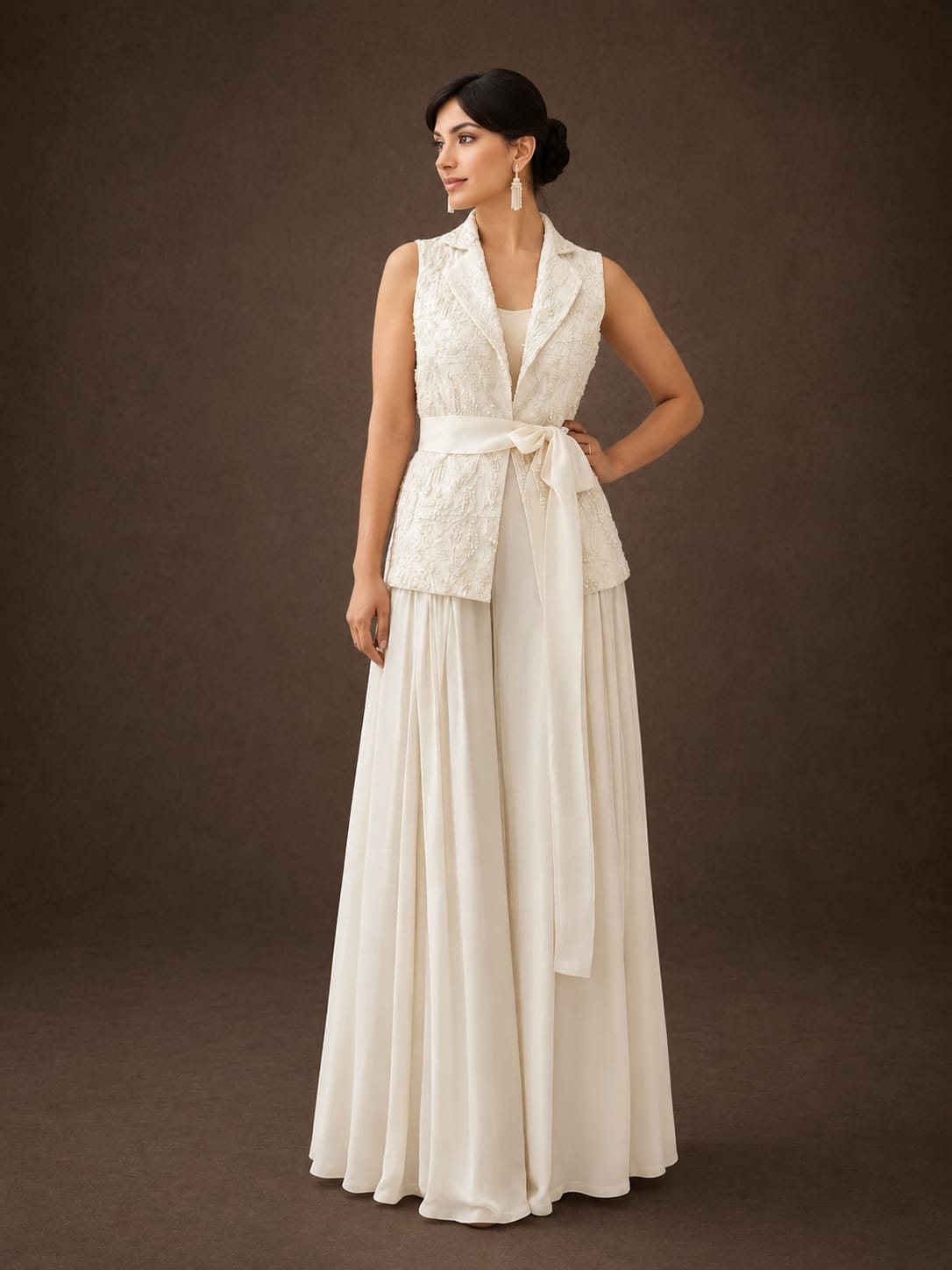 Off white  long jacket with cutdana & satin box pleats plazzo