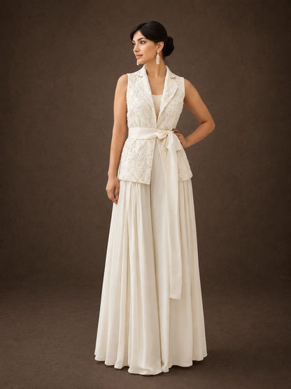 Off white  long jacket with cutdana & satin box pleats plazzo