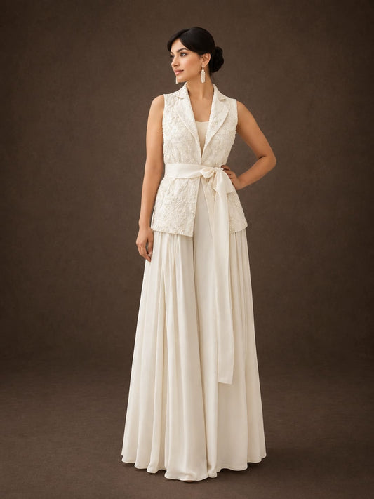 Off white  long jacket with cutdana & satin box pleats plazzo