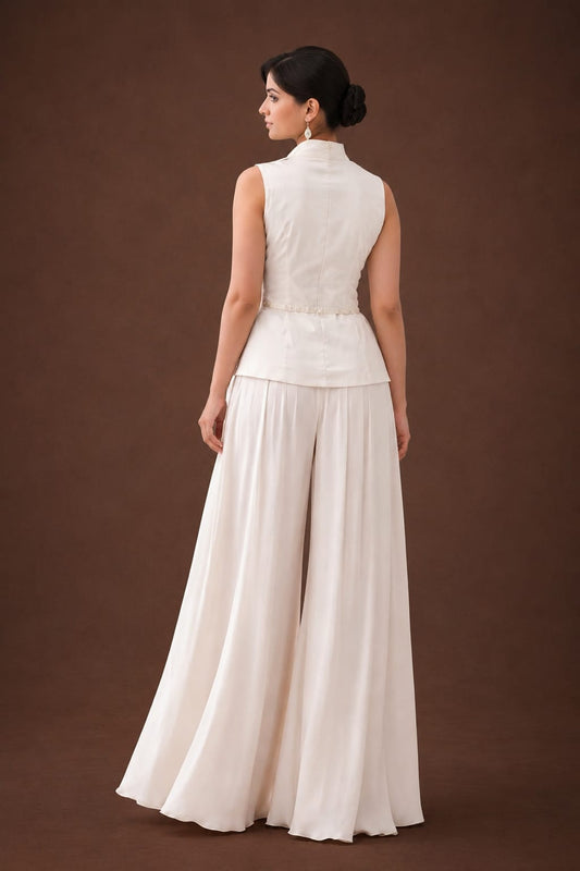 Off white  long jacket with cutdana & satin box pleats plazzo