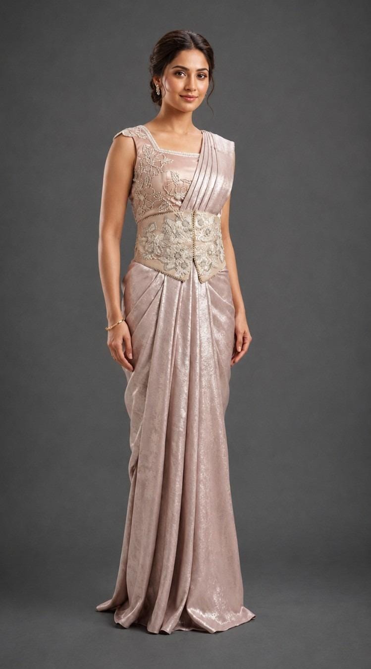 Champagne drape saree with heavy work on blouse and belt