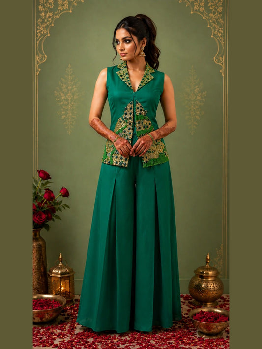 Green jacket with box pleat pallazo