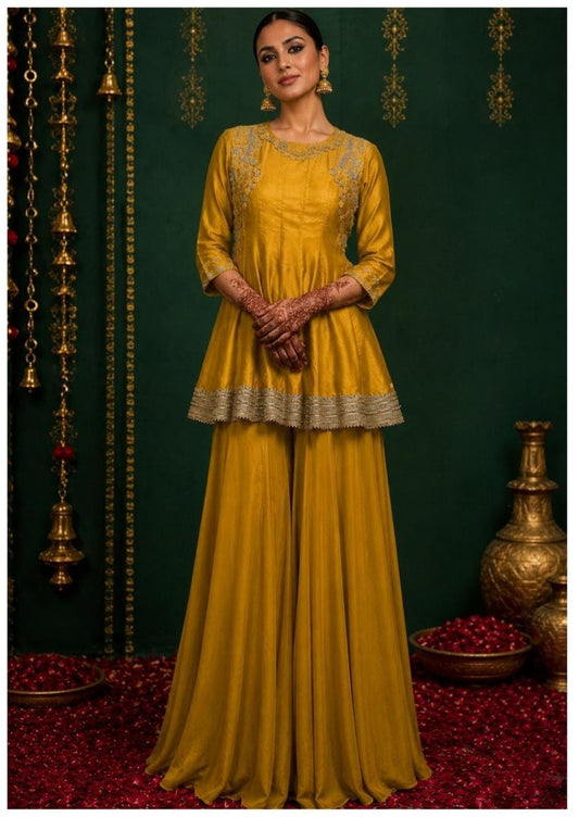 Mustard yellow Kurta with Flared Sharara Set