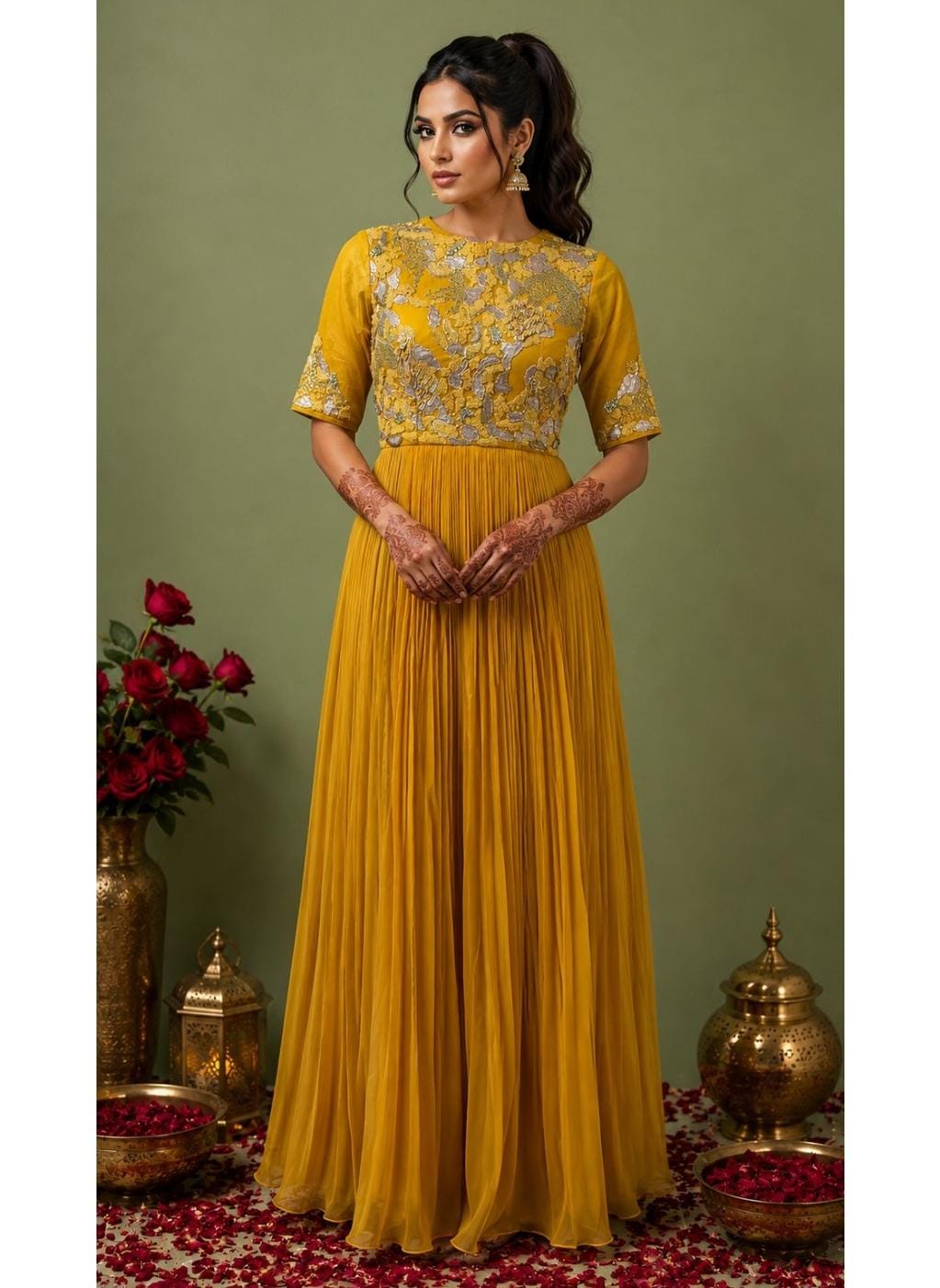 Yellow Embroidered Gathered Anarkali