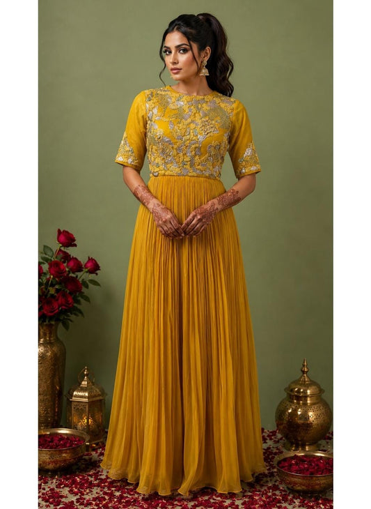 Yellow Embroidered Gathered Anarkali