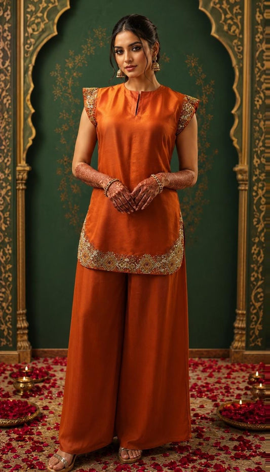 Rust short kurta with C-cut pallazo