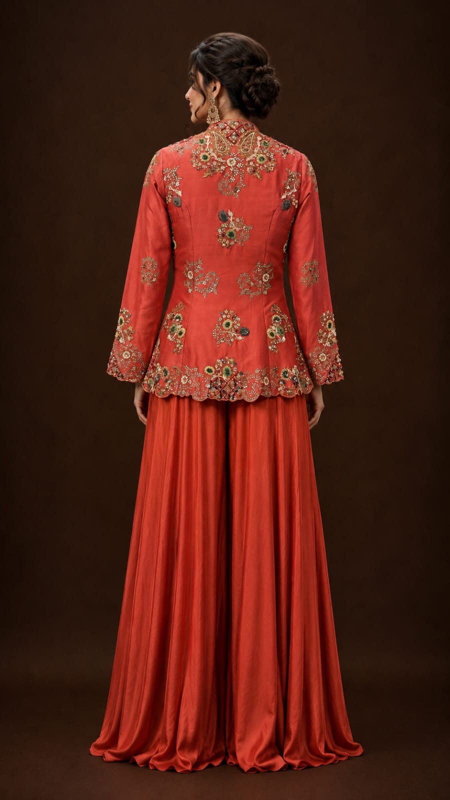 Rust Embroidered Peplum Jacket with Flared Sharara Set