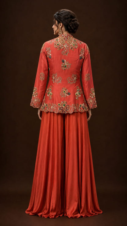 Rust Embroidered Peplum Jacket with Flared Sharara Set