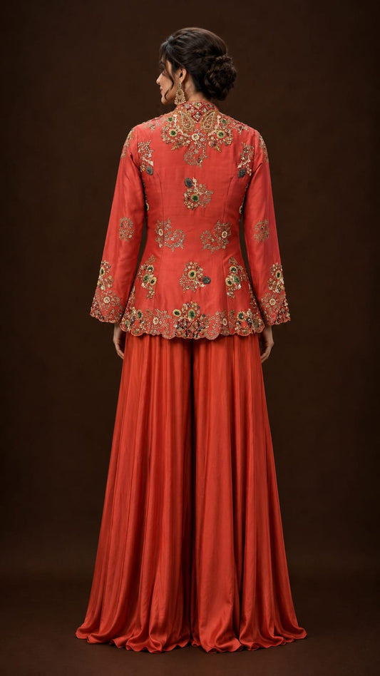Rust Embroidered Peplum Jacket with Flared Sharara Set