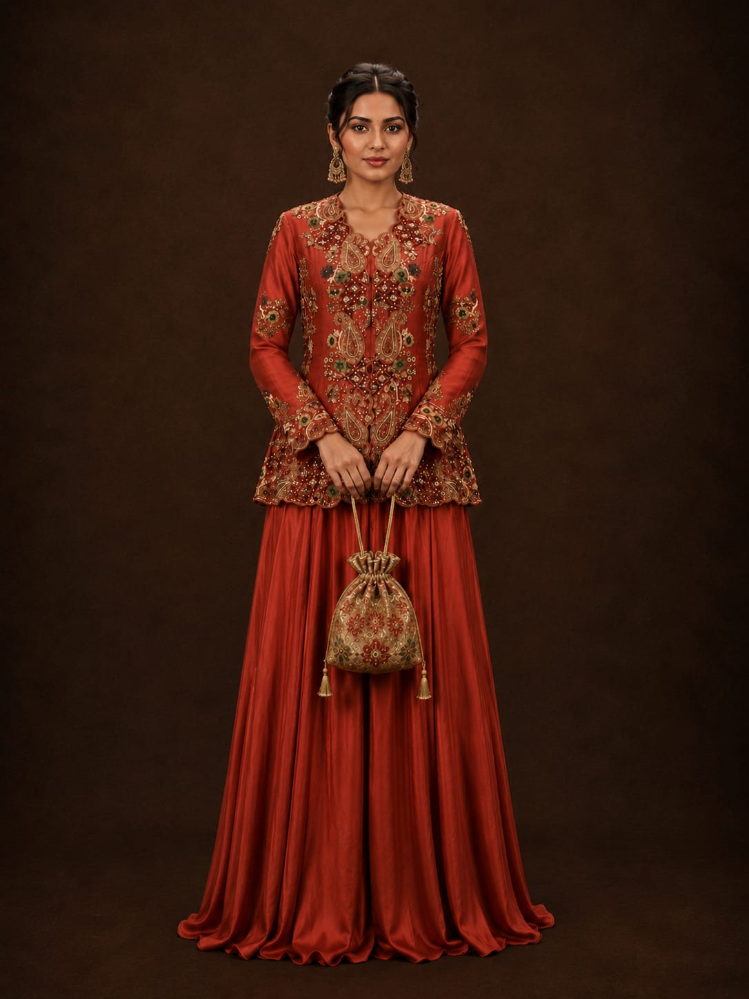 Rust Embroidered Peplum Jacket with Flared Sharara Set