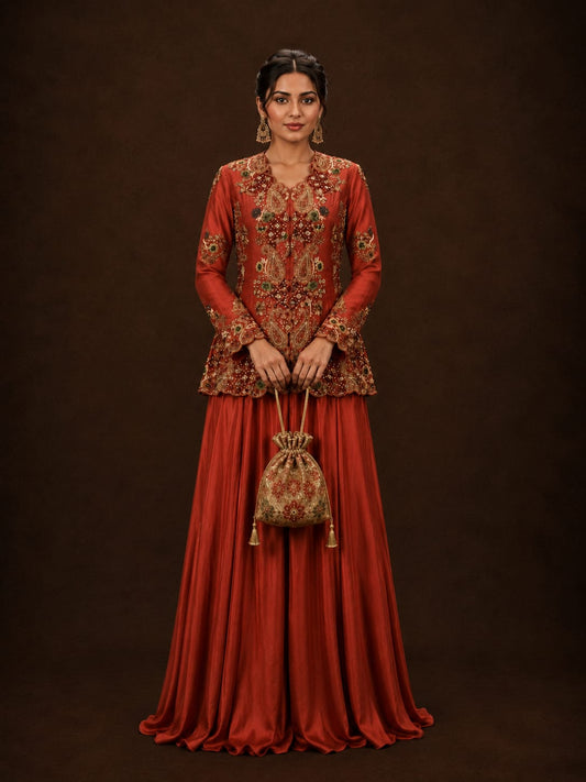 Rust Embroidered Peplum Jacket with Flared Sharara Set