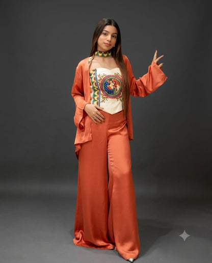 Orange Madhubani Print Modal Satin Fusion Co-Ord Set