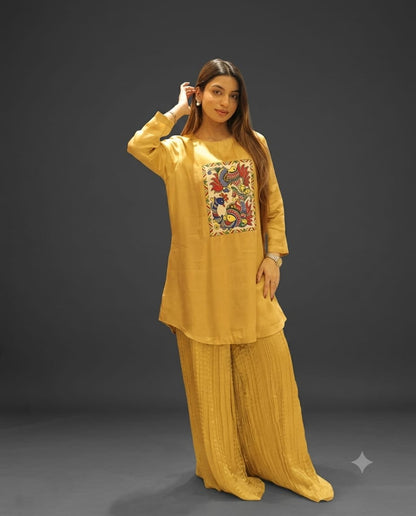Camel Madhubani Print Modal Satin And Crush Tissue Co Ord Set