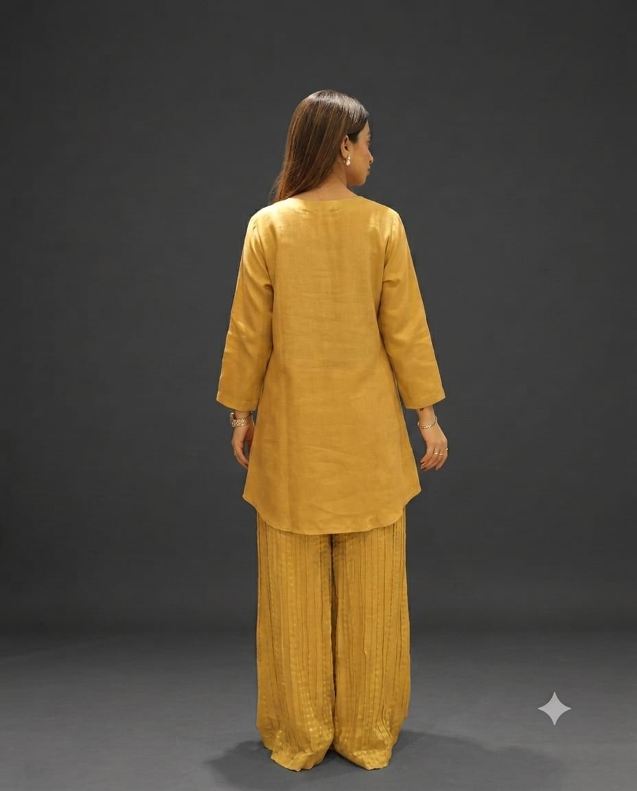 Camel Madhubani Print Modal Satin And Crush Tissue Co Ord Set