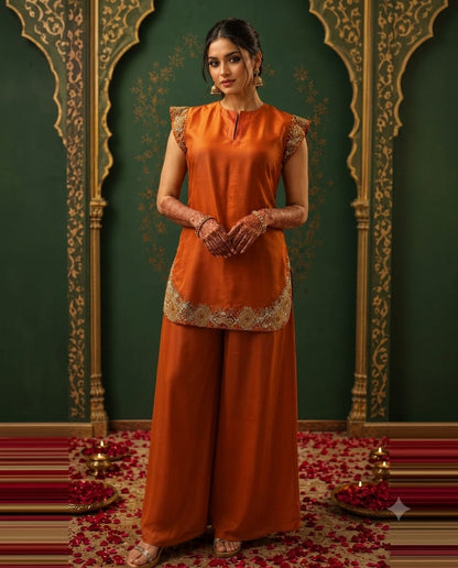 Rust short kurta with C-cut pallazo