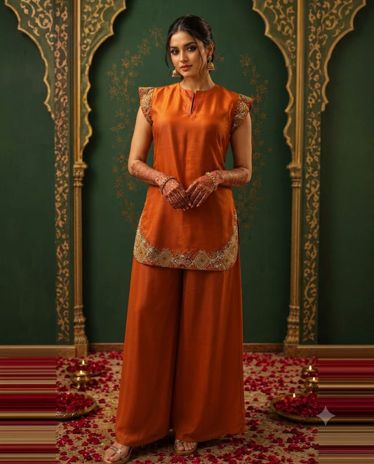 Rust short kurta with C-cut pallazo