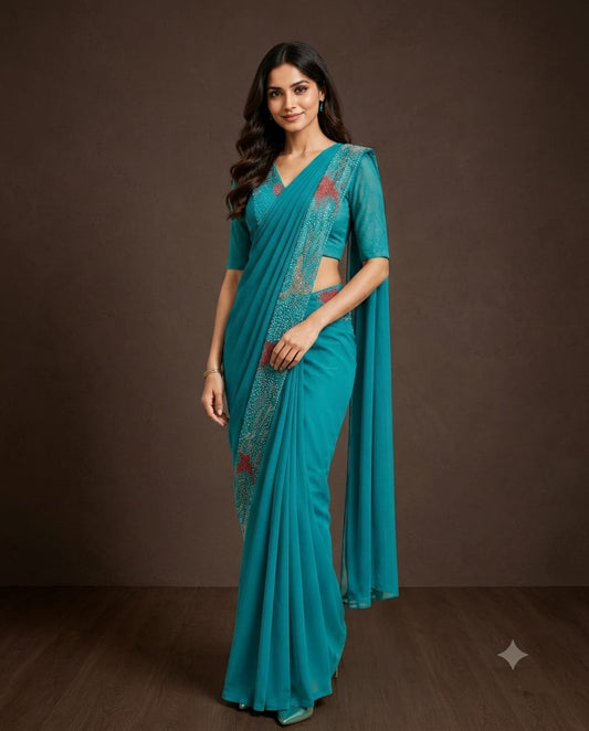 Sea Green Silk Saree with Intricate Border Beadwork and Floral Accents
