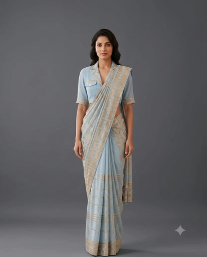 Powder Blue Saree with Geometric Gold Embellishments and Blazer-Collar Blouse