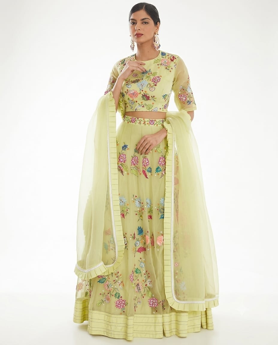 Grape Green Lehenga with Multicolor Patch Work Blouse and Dupatta