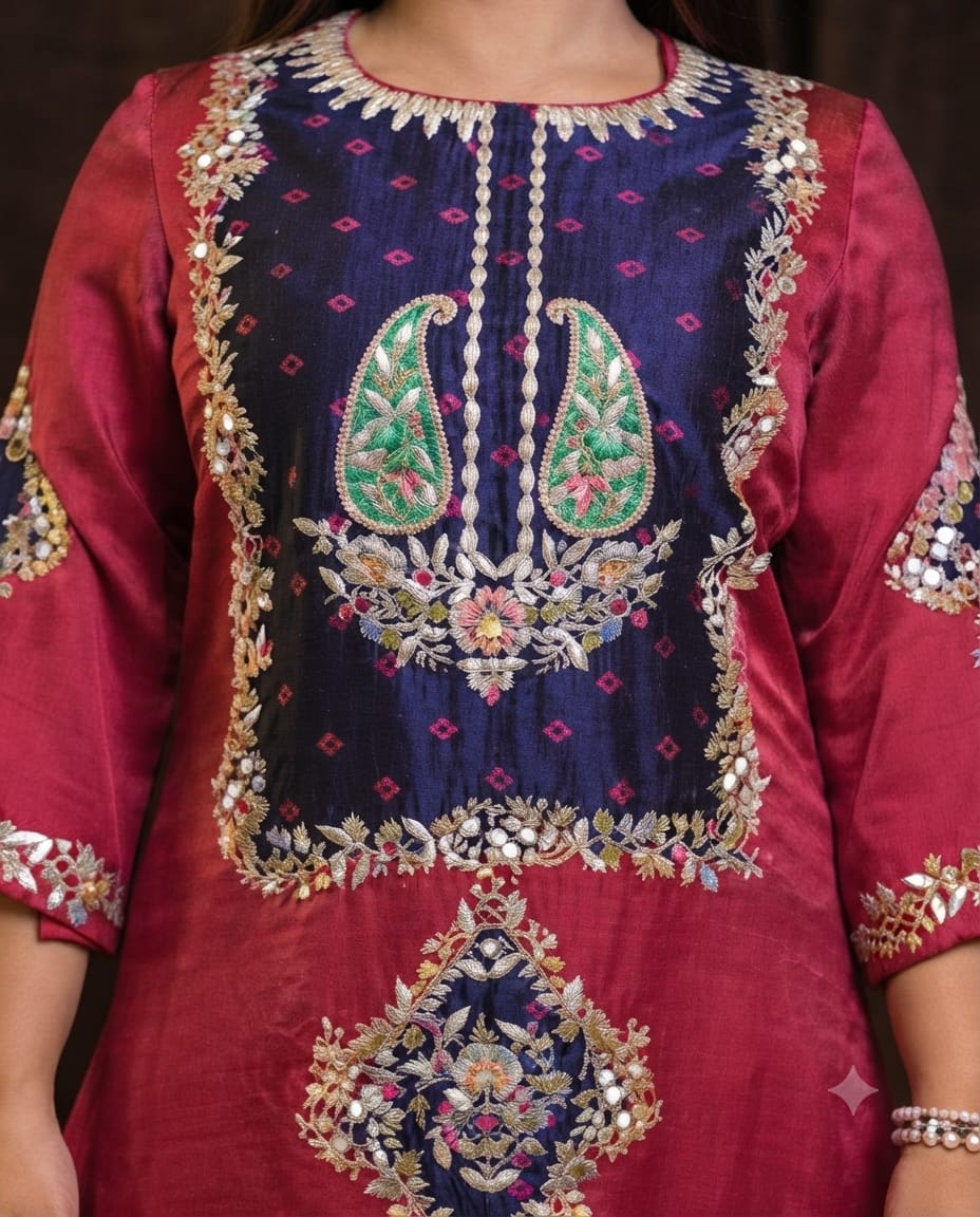 Wine Luxury Bandhej Suit Set with Bottoms
