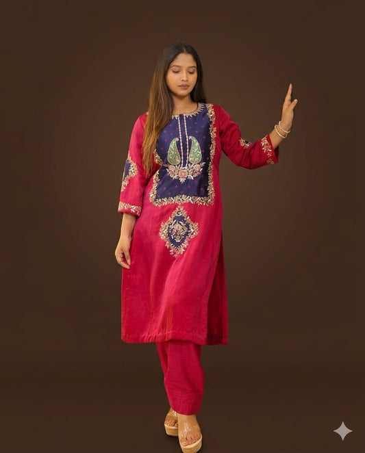 Wine Luxury Bandhej Suit Set with Bottoms