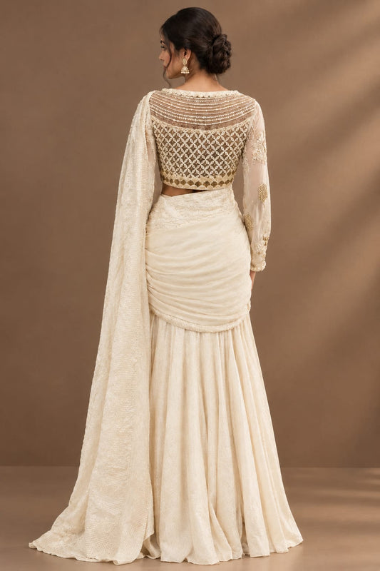 Elegant ivory-white saree featuring delicate pearl, sequin and tonal embroidery.