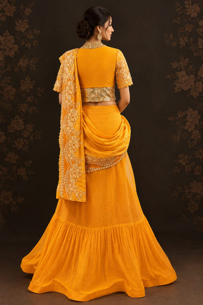 Bright mustard-yellow Lehanga Saree .