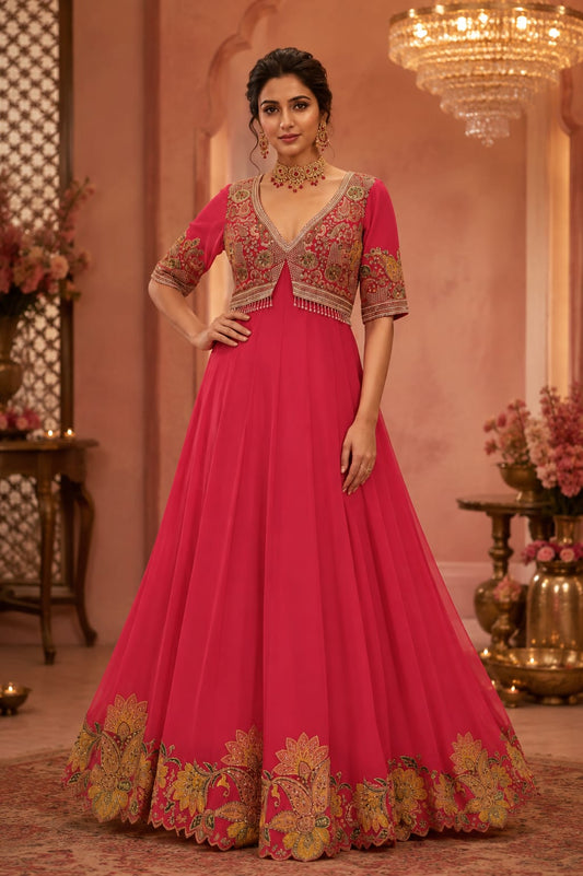 Designer Carrot Shade Heavy Work Anarkali Dress
