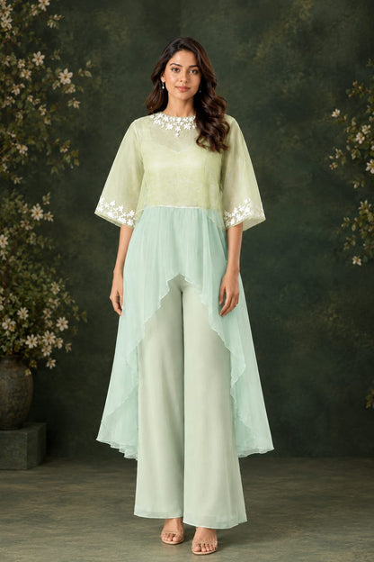 Green And Firozi Cape With Palazzo