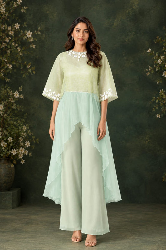 Green And Firozi Cape With Palazzo