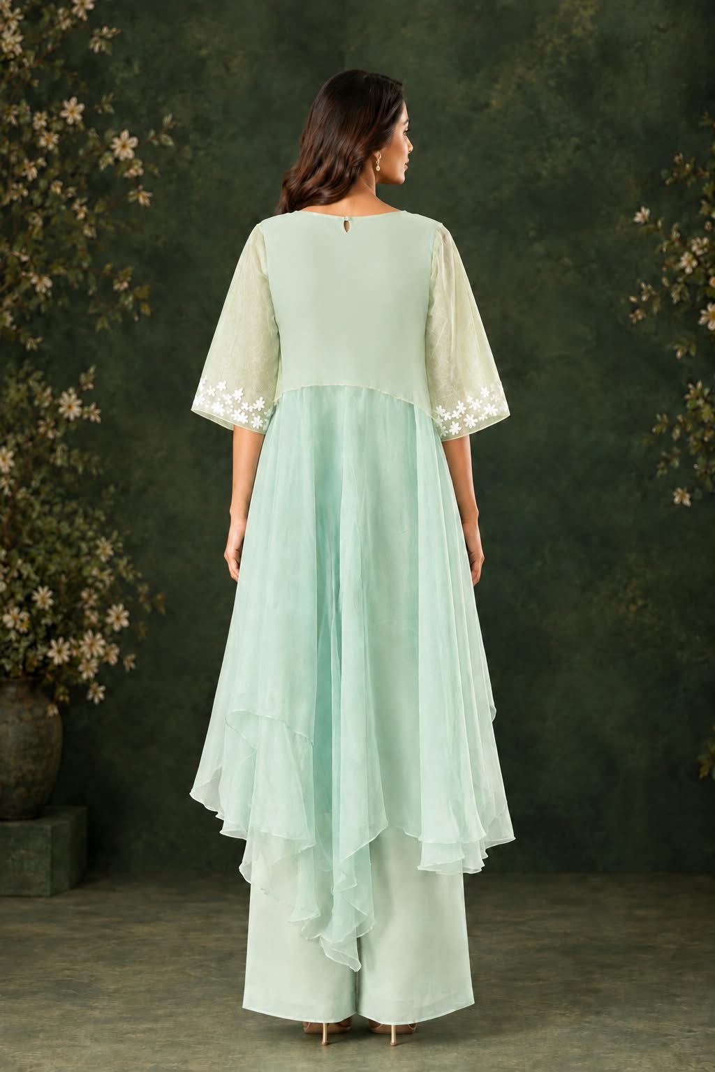 Green And Firozi Cape With Palazzo