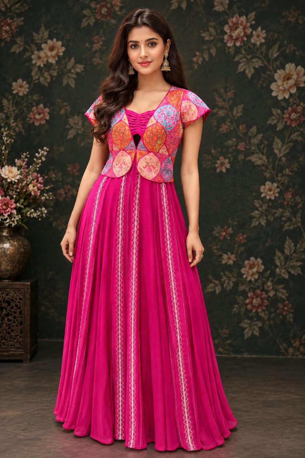 Magenta anarkali in peplum design with thread embroidery