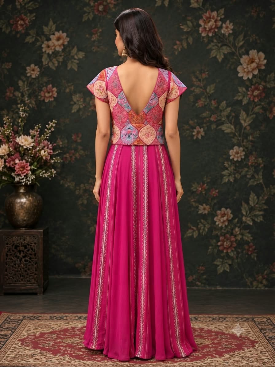 Magenta anarkali in peplum design with thread embroidery