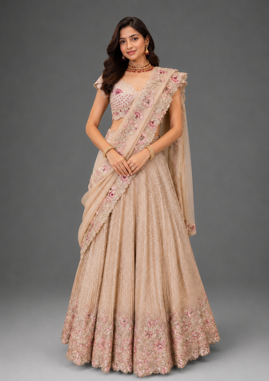 Traditional Ivory & Magenta Embroidered Lehenga  Saree