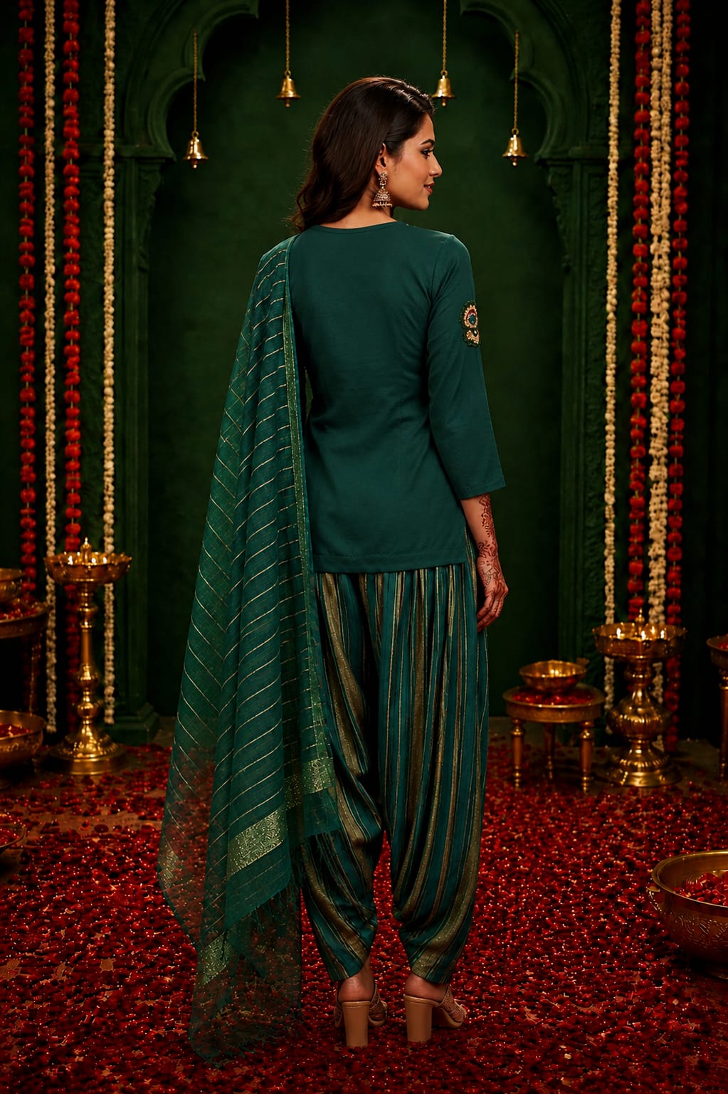 Embellished Green Kurti & Striped Farsi Salwar