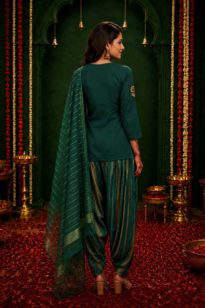 Embellished Green Kurti & Striped Farsi Salwar