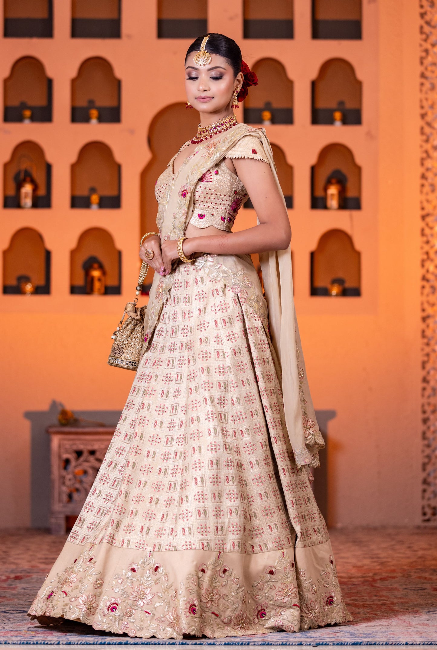 Beige heavy border  handwork lehenga with heavy work blouse & organza dupatta