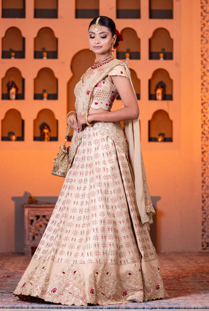 Beige heavy border  handwork lehenga with heavy work blouse & organza dupatta