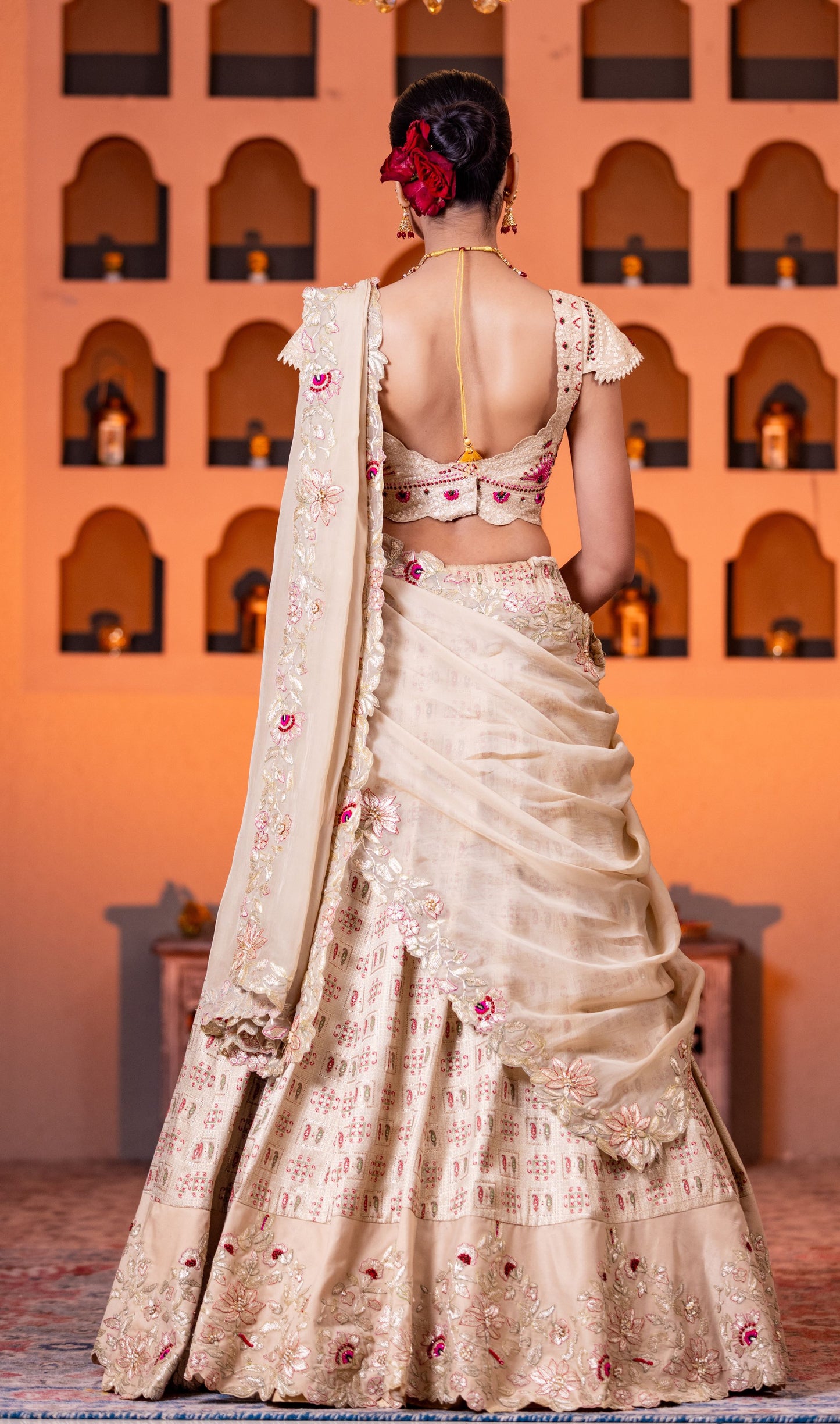 Beige heavy border  handwork lehenga with heavy work blouse & organza dupatta