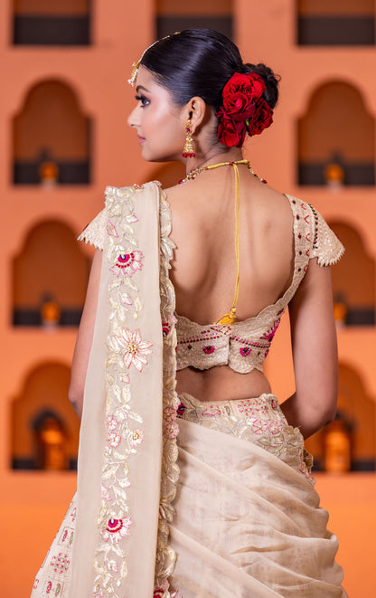 Beige heavy border  handwork lehenga with heavy work blouse & organza dupatta
